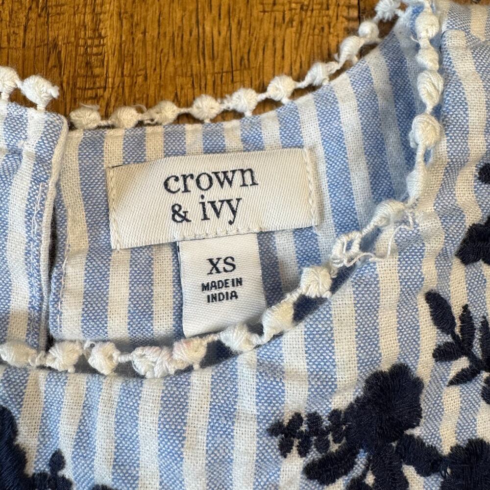Crown & Ivy Blue White Stripe Boho Peasant Bell Sleeve Cotton Tiered Dress XS - Picture 2 of 7